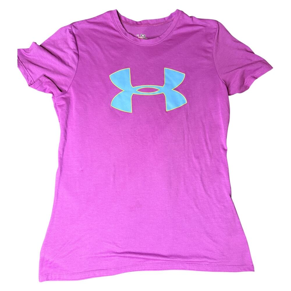 Under Armour HeatGear Women’s Medium T-Shirt Purple Blue Logo Athletic Top